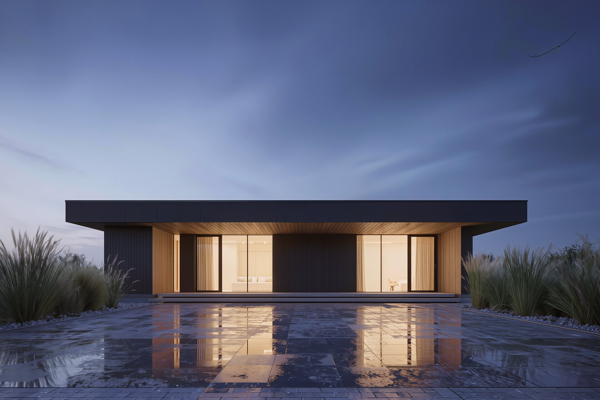Photorealistische Architekturvisualisierung eines modernen Flachdach-Hauses in Abendstimmung