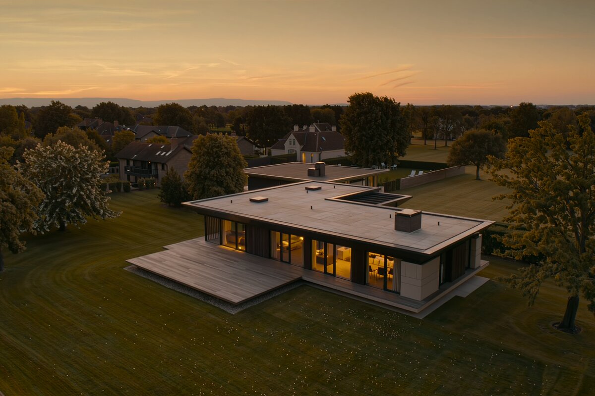 Luftaufnahme einer modernen Villa in Abendstimmung