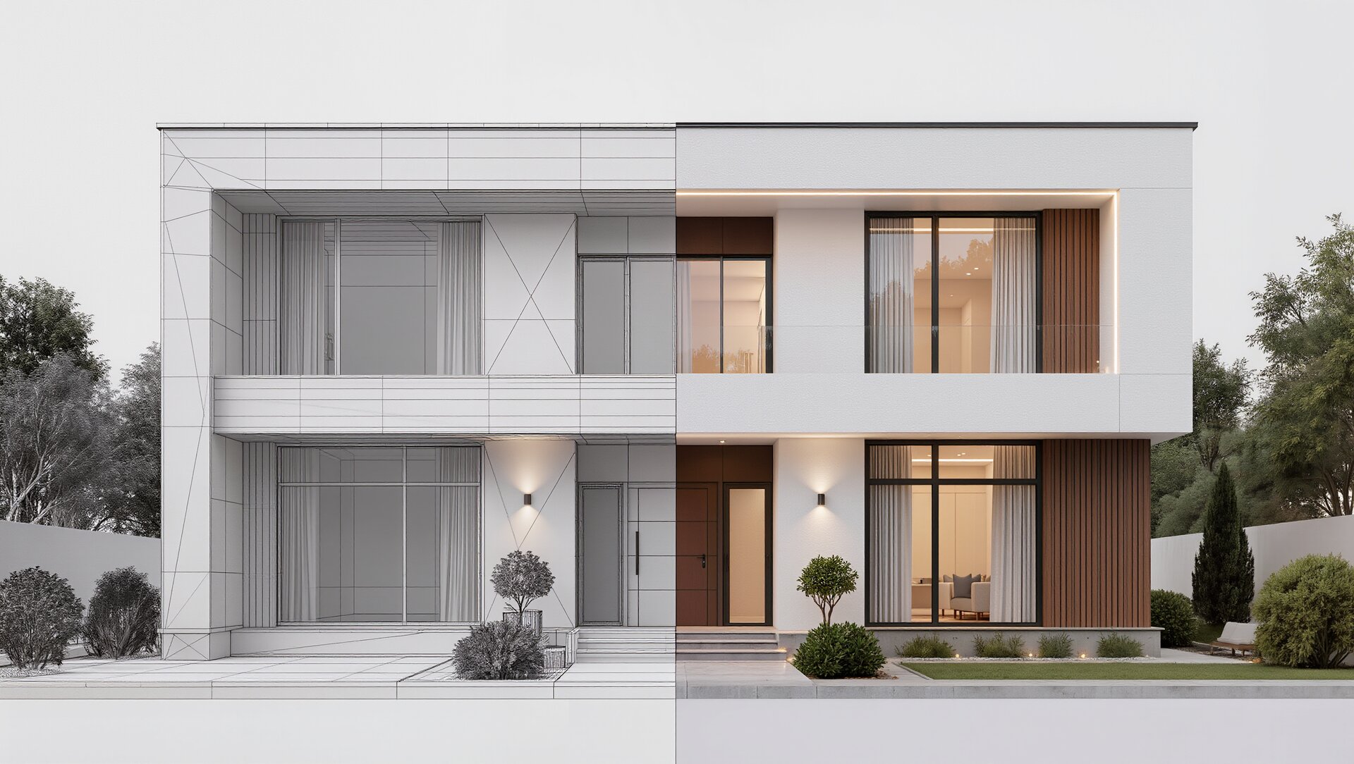 Links CAD-Modell in Weiss, rechts dieselbe Fassade als photorealistisches Rendering